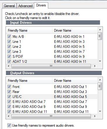 Audio Options, Drivers dialog